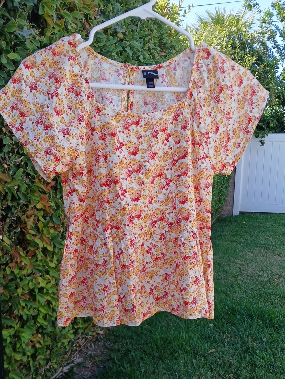 art class Cream Floral Peplum Top with Red & Yellow Blooms